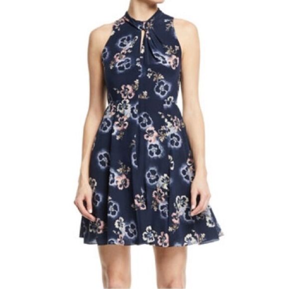 Rebecca Taylor Navy & Floral Silk Knotted Key Hole Fit & Flare Sleeveless Dress - Picture 1 of 6